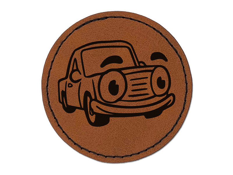 Cartoon Car with Face Round Iron-On Engraved Faux Leather Patch Applique - 2.5"