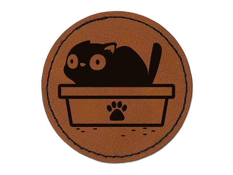 Cat Pooping Litter Box Funny Round Iron-On Engraved Faux Leather Patch Applique - 2.5"