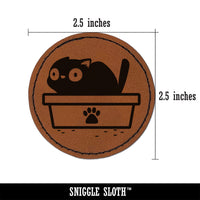 Cat Pooping Litter Box Funny Round Iron-On Engraved Faux Leather Patch Applique - 2.5"
