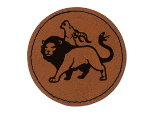 Chimera Greek Mythological Creature Beast Round Iron-On Engraved Faux Leather Patch Applique - 2.5"