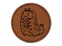 Chubby Caterpillar Eating Leaf Round Iron-On Engraved Faux Leather Patch Applique - 2.5"