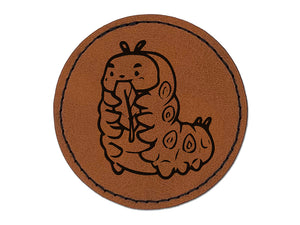 Chubby Caterpillar Eating Leaf Round Iron-On Engraved Faux Leather Patch Applique - 2.5"