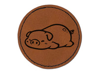 Chubby Sleeping Pig Round Iron-On Engraved Faux Leather Patch Applique - 2.5"
