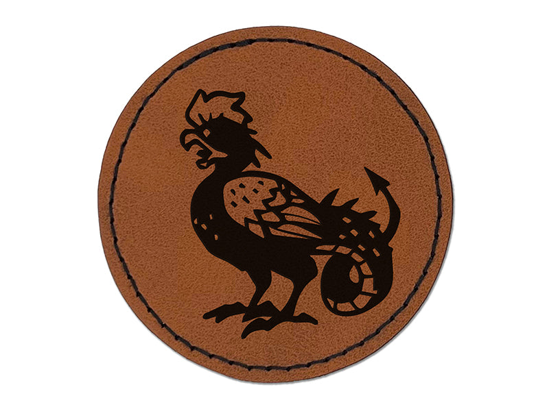 Cockatrice Mythical Monster Round Iron-On Engraved Faux Leather Patch Applique - 2.5"