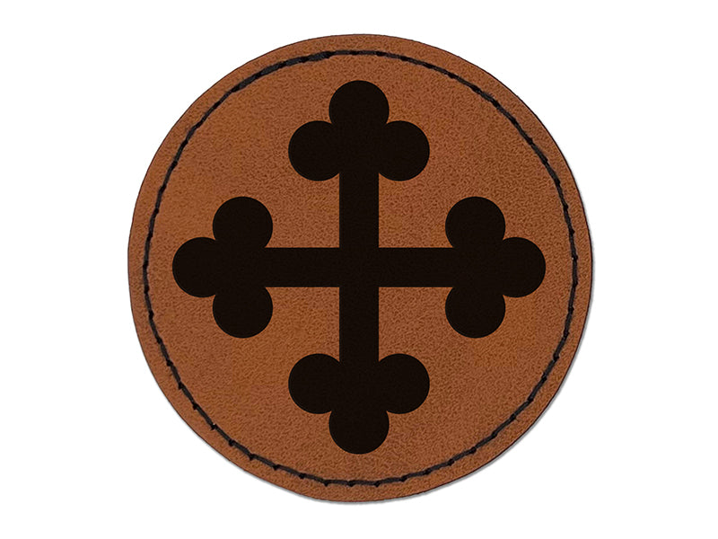 Cross Bottony Trefoil Buds Round Iron-On Engraved Faux Leather Patch Applique - 2.5"