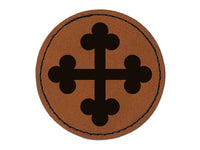 Cross Bottony Trefoil Buds Round Iron-On Engraved Faux Leather Patch Applique - 2.5"