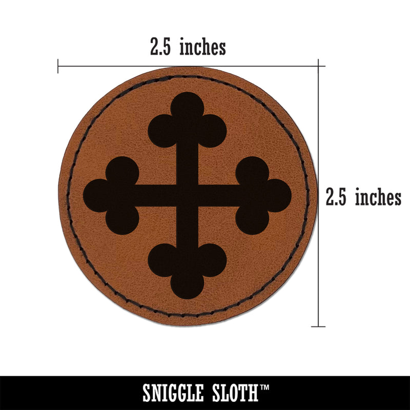 Cross Bottony Trefoil Buds Round Iron-On Engraved Faux Leather Patch Applique - 2.5"