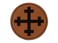 Crosslet Cross Round Iron-On Engraved Faux Leather Patch Applique - 2.5"