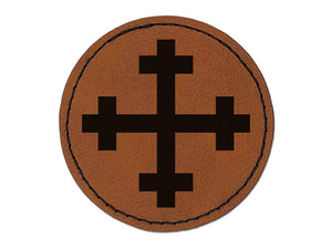 Crosslet Cross Round Iron-On Engraved Faux Leather Patch Applique - 2.5"