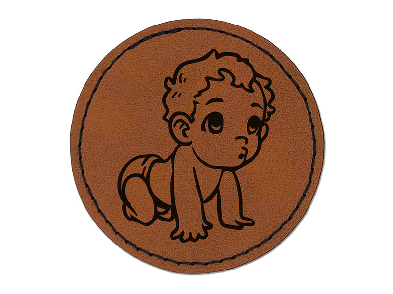 Cute Crawling Baby Round Iron-On Engraved Faux Leather Patch Applique - 2.5"