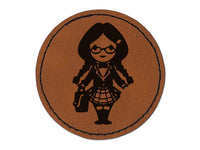 Cute Schoolgirl with Pigtails Round Iron-On Engraved Faux Leather Patch Applique - 2.5"