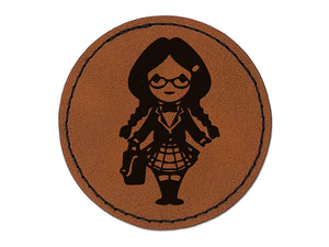 Cute Schoolgirl with Pigtails Round Iron-On Engraved Faux Leather Patch Applique - 2.5"