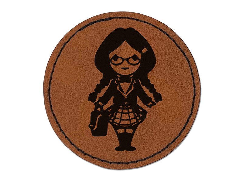 Cute Schoolgirl with Pigtails Round Iron-On Engraved Faux Leather Patch Applique - 2.5"