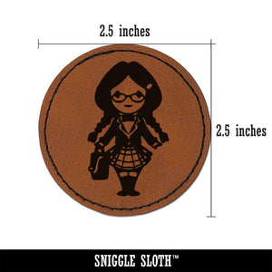 Cute Schoolgirl with Pigtails Round Iron-On Engraved Faux Leather Patch Applique - 2.5"