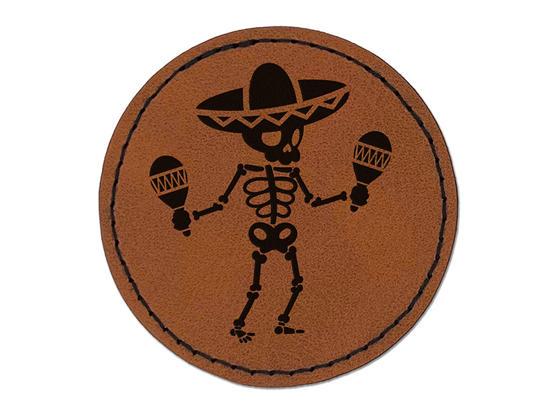 Day of Dead Skeleton with Sombrero and Maracas Round Iron-On Engraved Faux Leather Patch Applique - 2.5"