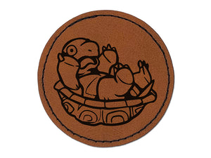 Distressed Turtle on Back Shell Round Iron-On Engraved Faux Leather Patch Applique - 2.5"