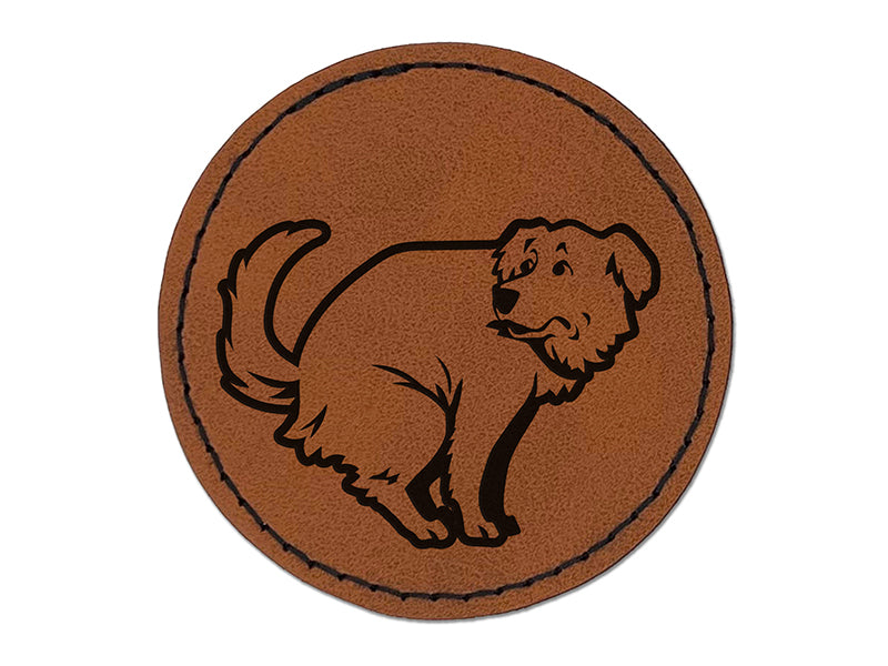 Dog Squat Poop Golden Retriever Round Iron-On Engraved Faux Leather Patch Applique - 2.5"