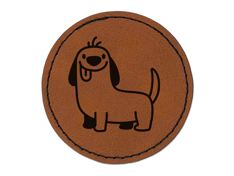 Dorky Dachshund Wiener Dog Smile Round Iron-On Engraved Faux Leather Patch Applique - 2.5"