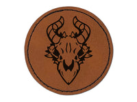 Dragon Skull Horns Round Iron-On Engraved Faux Leather Patch Applique - 2.5"