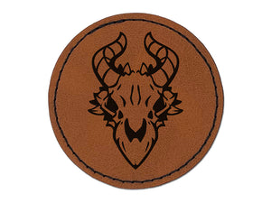 Dragon Skull Horns Round Iron-On Engraved Faux Leather Patch Applique - 2.5"