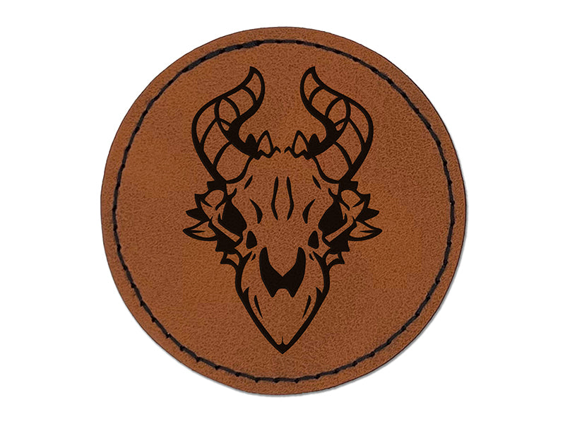 Dragon Skull Horns Round Iron-On Engraved Faux Leather Patch Applique - 2.5"