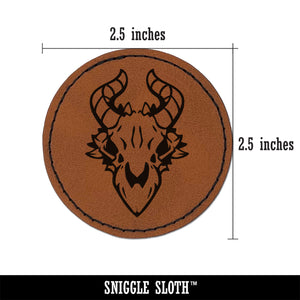 Dragon Skull Horns Round Iron-On Engraved Faux Leather Patch Applique - 2.5"