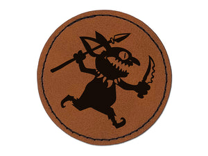 Dungeon Goblin Spear Dagger Round Iron-On Engraved Faux Leather Patch Applique - 2.5"