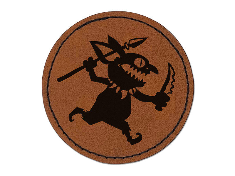 Dungeon Goblin Spear Dagger Round Iron-On Engraved Faux Leather Patch Applique - 2.5"