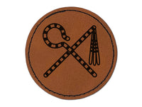 Egyptian Crook and Flail Pharaoh Round Iron-On Engraved Faux Leather Patch Applique - 2.5"