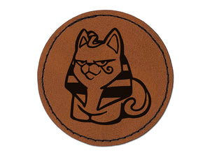 Egyptian Sphinx Cat Loaf Round Iron-On Engraved Faux Leather Patch Applique - 2.5"