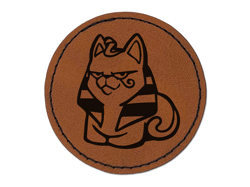 Egyptian Sphinx Cat Loaf Round Iron-On Engraved Faux Leather Patch Applique - 2.5"