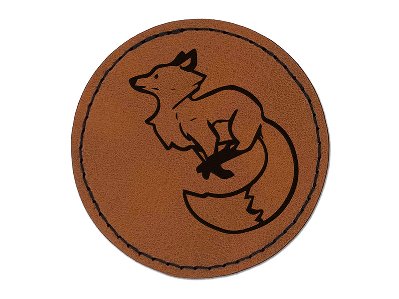 Elegant Leaping Fox Round Iron-On Engraved Faux Leather Patch Applique - 2.5"