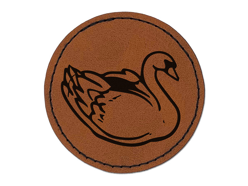Elegant Swan Bird Round Iron-On Engraved Faux Leather Patch Applique - 2.5"