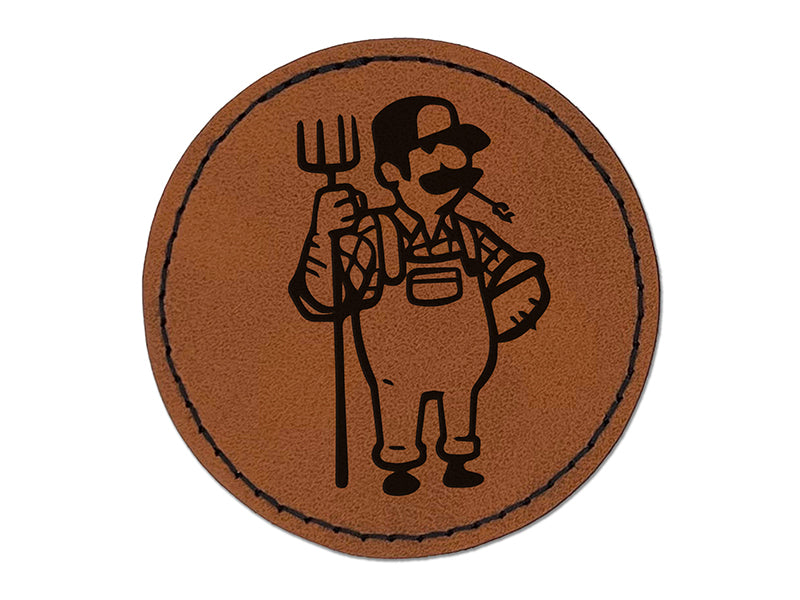 Farmer with Overalls and Pitchfork Round Iron-On Engraved Faux Leather Patch Applique - 2.5"