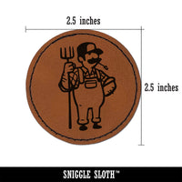 Farmer with Overalls and Pitchfork Round Iron-On Engraved Faux Leather Patch Applique - 2.5"