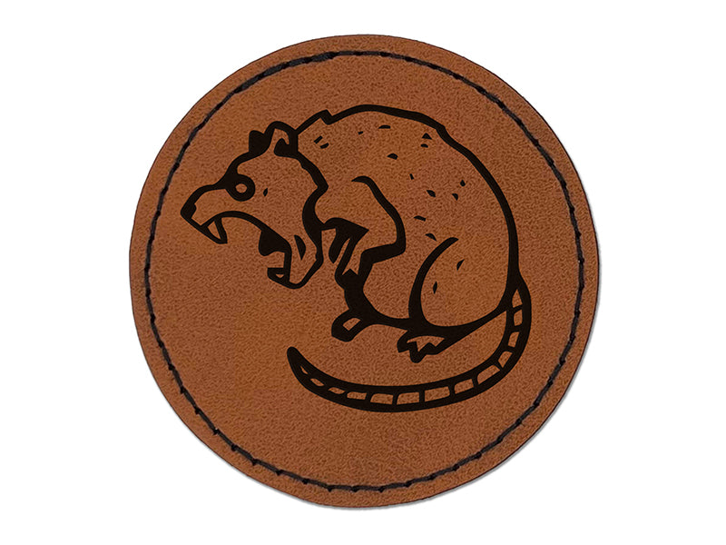 Ferocious Rat Rodent Snarling Round Iron-On Engraved Faux Leather Patch Applique - 2.5"