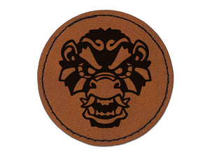 Fierce Monkey King Head Round Iron-On Engraved Faux Leather Patch Applique - 2.5"