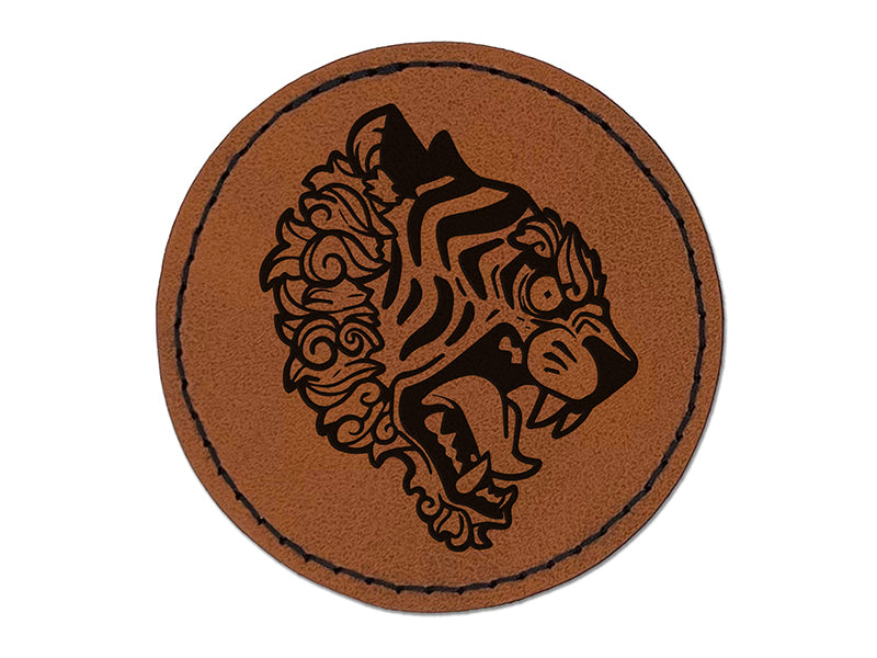 Fierce Tiger Head Profile Round Iron-On Engraved Faux Leather Patch Applique - 2.5"
