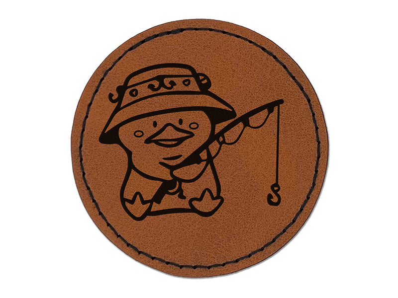 Fishing Duck Rod Bucket Hat Round Iron-On Engraved Faux Leather Patch Applique - 2.5"