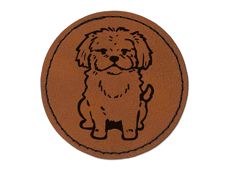 Fluffy Maltese Dog Puppy Round Iron-On Engraved Faux Leather Patch Applique - 2.5"