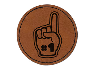 Foam Finger Sports Number One Fan Round Iron-On Engraved Faux Leather Patch Applique - 2.5"