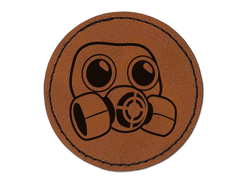 Gas Mask Hazmat Pollution Smoke Round Iron-On Engraved Faux Leather Patch Applique - 2.5"