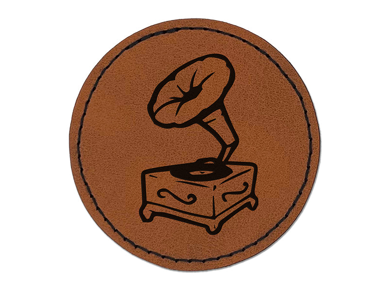 Gramophone Antique Record Player Round Iron-On Engraved Faux Leather Patch Applique - 2.5"