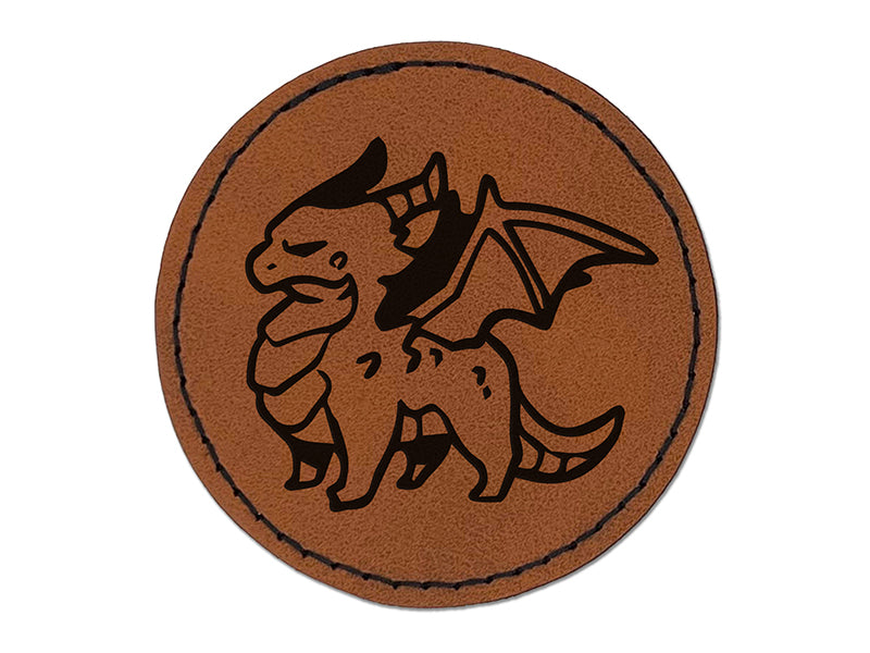 Grumpy Little Winged Dragon Round Iron-On Engraved Faux Leather Patch Applique - 2.5"