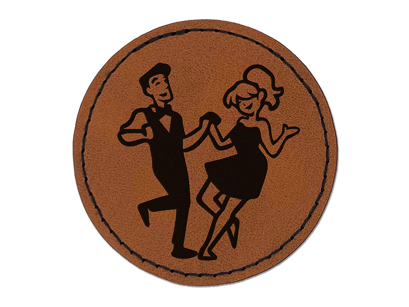 Happy Dancing Couple Round Iron-On Engraved Faux Leather Patch Applique - 2.5"