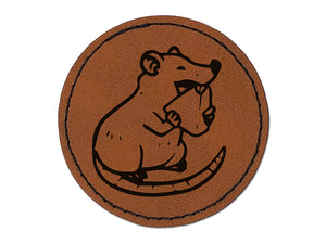 Happy Rat Eating Cheese Round Iron-On Engraved Faux Leather Patch Applique - 2.5"