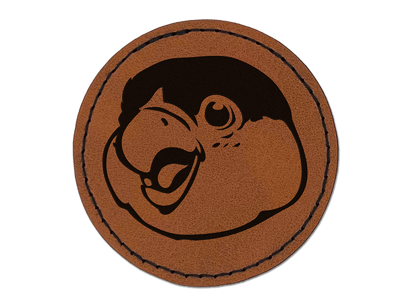 Happy Smiling Parrot Bird Round Iron-On Engraved Faux Leather Patch Applique - 2.5"