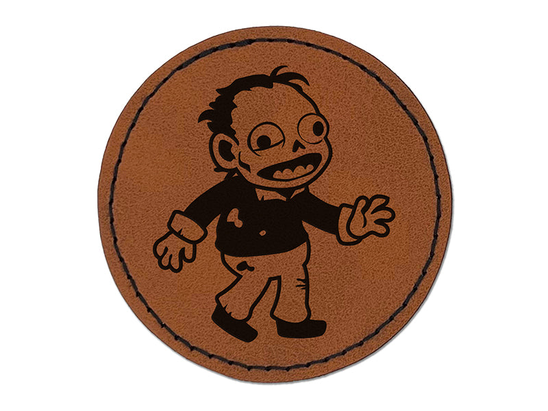 Happy Zombie Shambling Undead Monster Round Iron-On Engraved Faux Leather Patch Applique - 2.5"