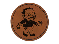 Happy Zombie Shambling Undead Monster Round Iron-On Engraved Faux Leather Patch Applique - 2.5"