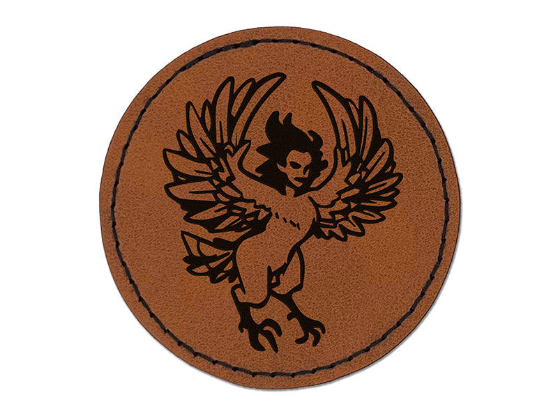 Harpy Greek Mythology Monster Round Iron-On Engraved Faux Leather Patch Applique - 2.5"